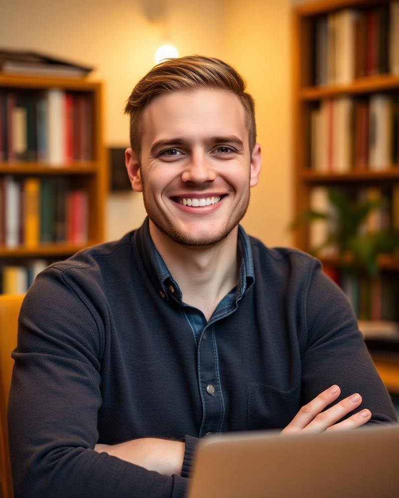 Julian, a certified English tutor, in his home office